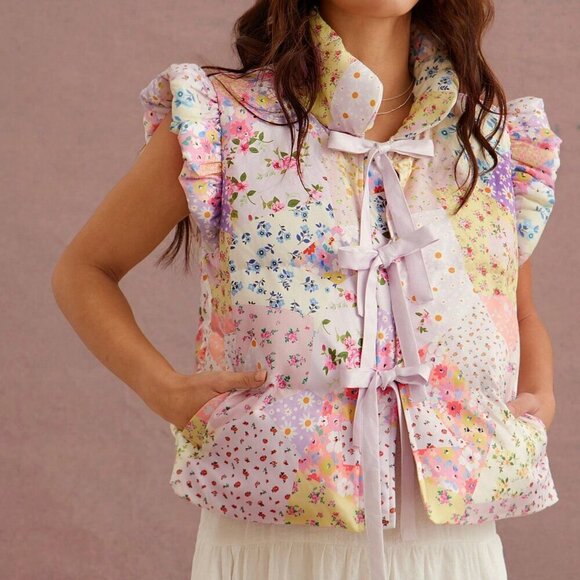 Jackets & Blazers - Multicolor Boho Women's flower Print Cute Bow Front Puffer Vest jacket